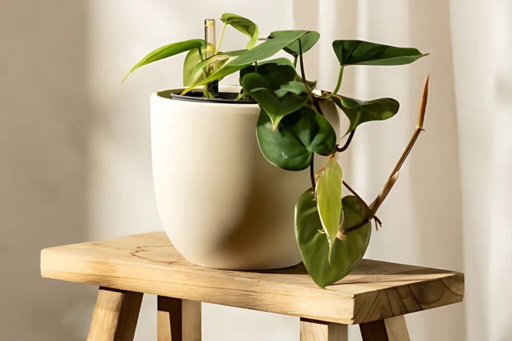 Heartleaf Philodendron in a white ceramic pot placed on a wooden stool with soft curtain background