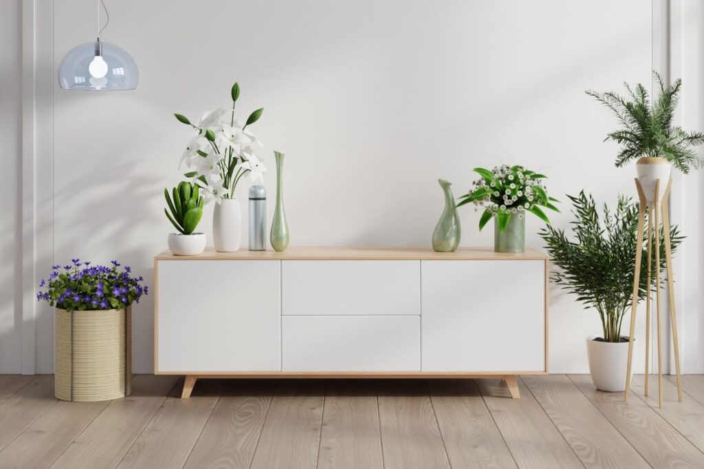 Collection of indoor flowering and green plants styled in a modern interior