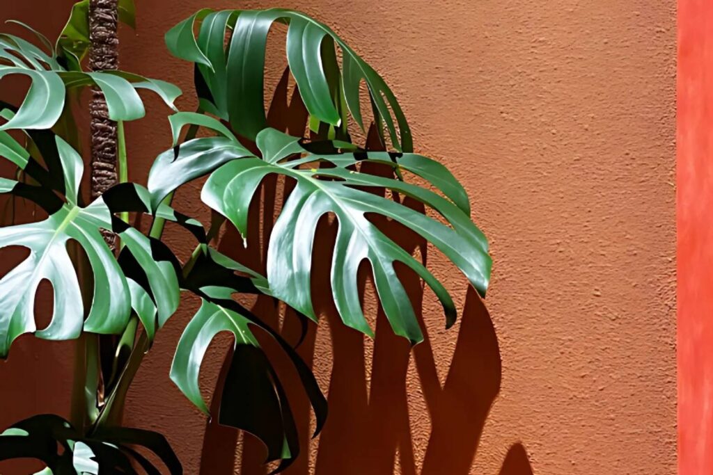 Monstera Deliciosa with large split leaves casting shadows on a terracotta wall